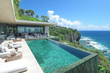 Fototapeta premium Luxury villa with infinity pool. Perfect for showcasing a luxurious lifestyle, travel, or vacation destination.