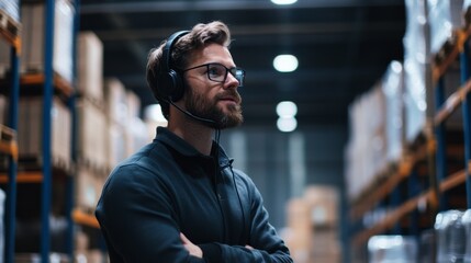 Young man with headphones and glasses standing confidently in a large warehouse, engaged in communication and overseeing operations for logistics or inventory management.