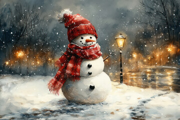 Obraz premium A cute snowman standing on a snowy street near a street lamp in the evening. 