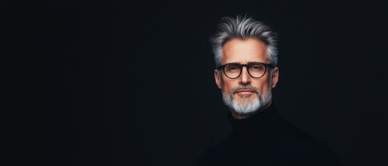Fototapeta premium A man with a beard and glasses is standing in front of a black background