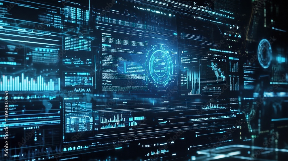 Poster futuristic digital interface with graphical data visualizations in a high-tech environment for techn