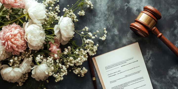 Elegant marriage certificate with flowers and pen  a minimalistic wedding signing setup banner