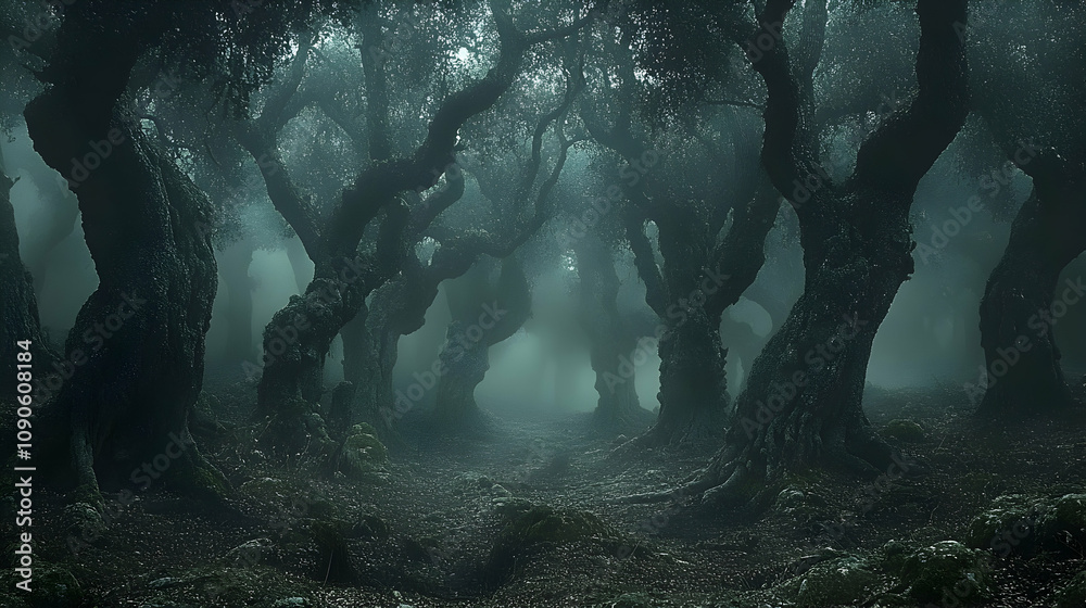 Wall mural Enigmatic Fog Envelops Ancient Twisted Trees in a Dark Forest Path