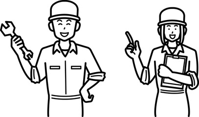 自動車整備士の男性と女性のイラスト素材セット　線画のみ