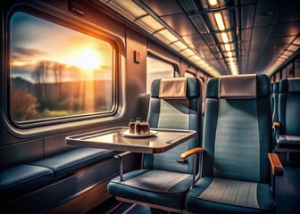 Obraz premium Surreal Scene of Empty Train Seats with a Tray, Evoking a Sense of Isolation and Abandonment in a Dreamlike Atmosphere