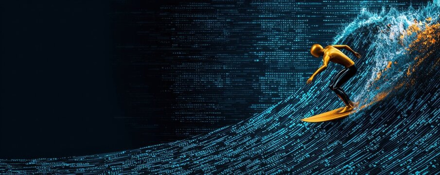 Surfer riding data waves digital ocean financial opportunities night wealth exploration