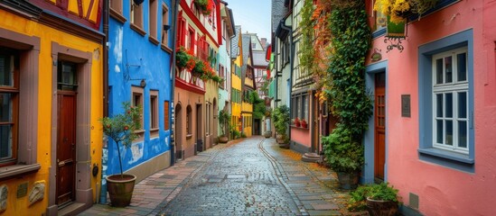 Fototapeta premium Colorful Houses and Cobblestone Street in a European Town