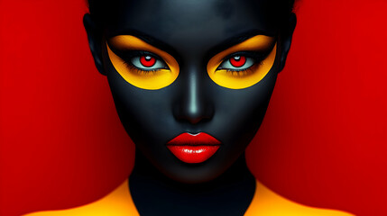 Vibrant Digital Art of a Woman with Bold Yellow and Red Makeup Against a Red Background