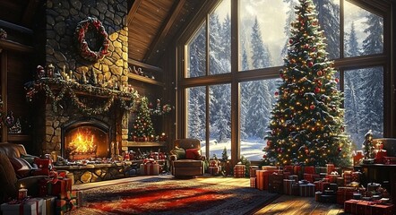 Fototapeta premium A cozy cabin interior with large windows, adorned with Christmas decorations like wreaths and garlands on the walls