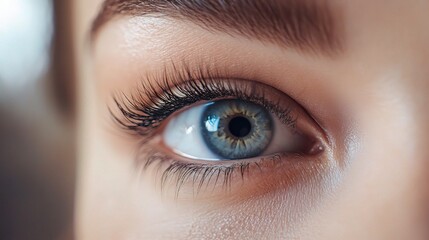 Obraz premium Close-Up Blue Eye: A captivating image of a blue eye with long eyelashes, offering a mesmerizing glimpse into the beauty and depth of the human gaze. 