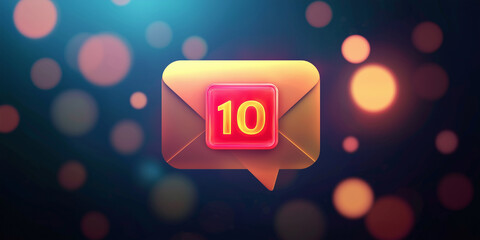 A colorful envelope with a bright red badge displaying "10," set against a blurred festive bokeh background.