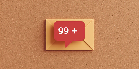 A yellow envelope pinned against a corkboard background with a red "99+" unread message notification