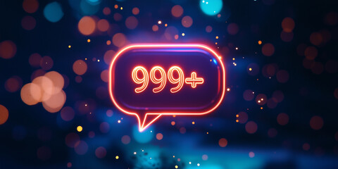 A glowing speech bubble with "999+" notification surrounded by bokeh lights on a dark background