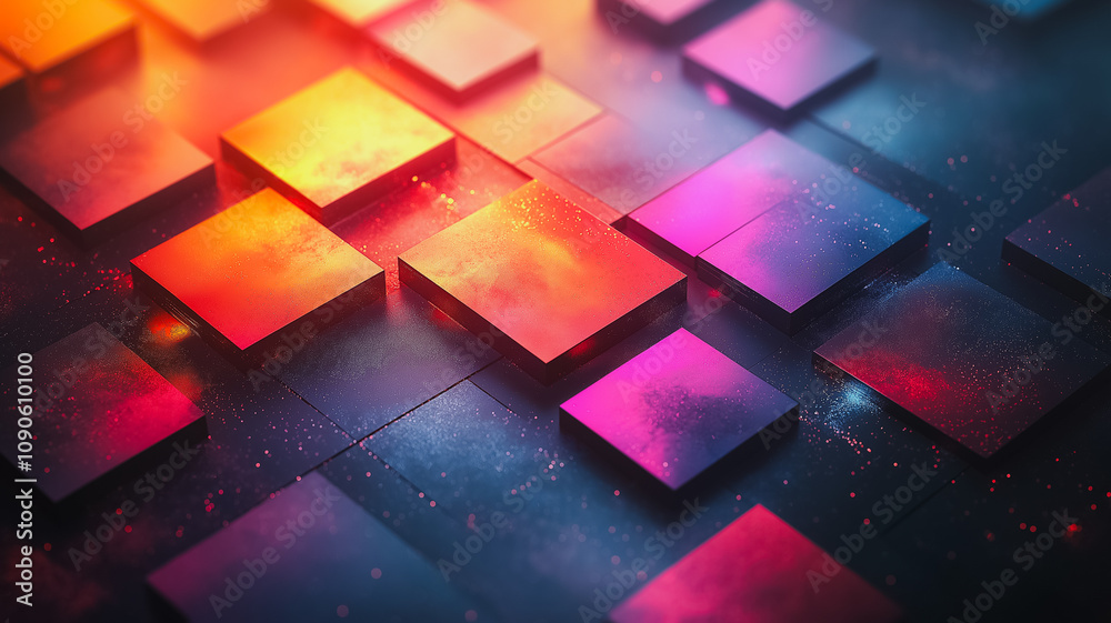 Poster a colorful image of squares and triangles with a blue background. the squares are in different color
