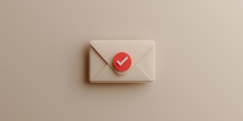 A beige envelope with a red checkmark icon at the center, symbolizing completion or approval, on a neutral background