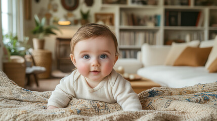 Fototapeta premium Adorable baby with brown hair relaxing comfortably in cozy living room