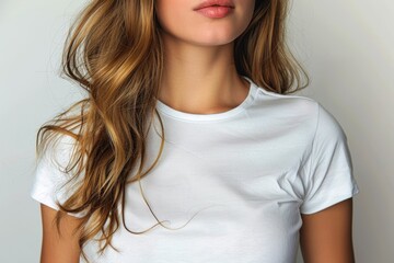 Fototapeta premium A close-up portrait of a woman with wavy hair, wearing a simple white t-shirt, ideal for fashion marketing, beauty blogs, or lifestyle articles, This image conveys simplicity and elegance,