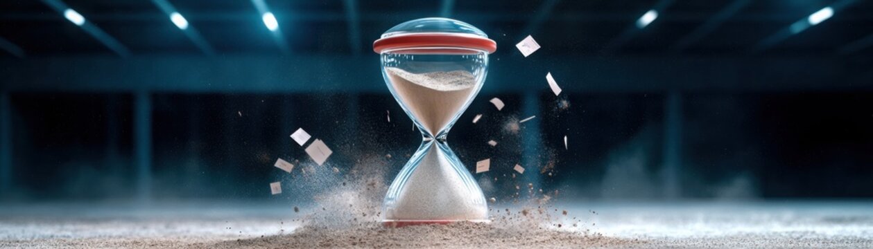 Investing mistake fail business and volatility Concept, A modern hourglass shattering, symbolizing the passage of time and urgency in a dramatic, dynamic setting.