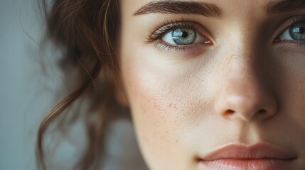 Fototapeta premium Close-up of a Woman's Eye: A mesmerizing close-up of a woman's eye, showcasing its captivating blue color, natural beauty, and intense gaze.
