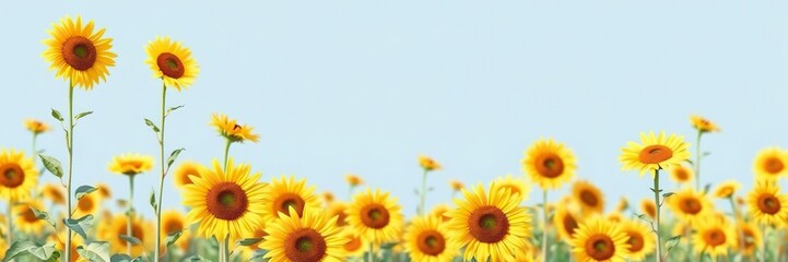 Obraz premium Watercolor illustration of a field of sunflowers with tall stalks and bright yellow petals against a clear blue sky, illustration, yellow, sunflowers