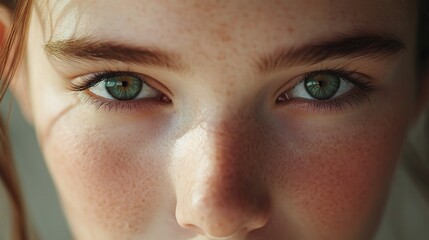 Fototapeta premium Intense Gaze: A close-up portrait of a young woman with captivating green eyes, a soft focus on her skin, and a look that evokes a sense of mystery and longing. 