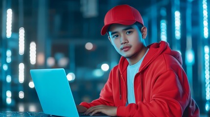 Boy in red jacket and cap immersed in laptop, glimpse into digital learning technological proficiency