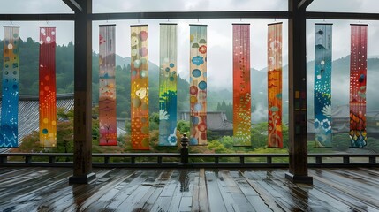 The photo showcases an outdoor display of intricate Japanese washi paper art, featuring vibrant anime-style patterns, hanging against a backdrop of a misty mountain valley, Photography, National Geogr