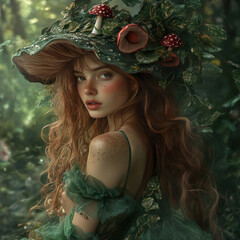 Naklejka premium a young girl with long red hair and freckles, standing against the backdrop of a forest. 