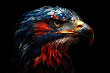 Fototapeta premium A striking close-up of a colorful bird, showcasing intricate details in its feathers and fierce expression against a dark background, Ideal for nature-related projects, educational materials