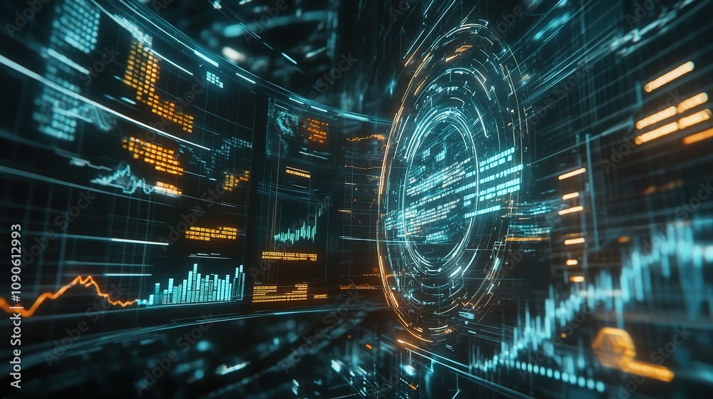 Poster futuristic digital interface with data visualization, interactive graphs, and abstract technology ba