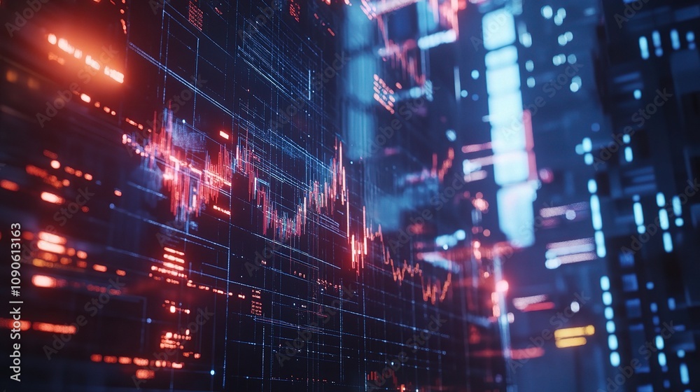 Poster abstract data visualization with colorful charts and graphs representing financial or technological 