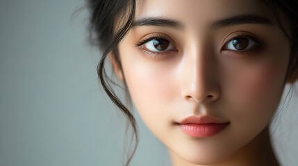 Fototapeta premium Close-up Portrait of a Young Woman with Radiant Skin and Expressive Eyes Captured in Soft Natural Light for Beauty and Fashion Imagery