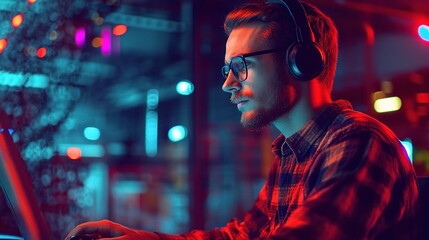 Obraz premium Focused Young Man with Headphones Gaming at Night in Neon-Colored Room Surrounded by Vibrant Lights and Modern Technology
