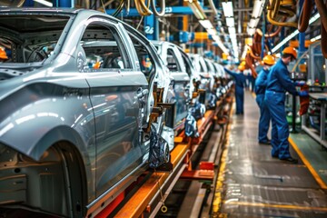 Automotive Worker. Assembly Line Workers in Car Production Plant
