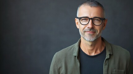 Obraz premium Portrait of a Confident Middle-Aged Man with Glasses Smiling Against a Dark Background in a Casual Outfit, Exuding Professionalism and Approachability