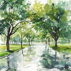 Fototapeta premium Watercolor painting of a rainy day at the park, with trees swaying and the ground damp with rain, on isolated white background