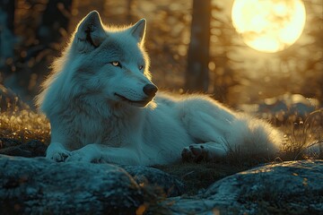 Obraz premium White wolf resting in a forest. The image is perfect for wildlife, nature, and animal photography projects.