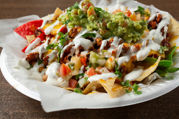 A view of a plate of carne asada nachos.
