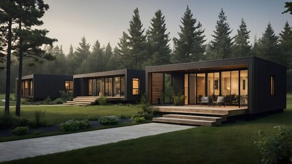 Fototapeta premium AI-generated Modern Town Houses with Luxury Resort-Style Scandinavian Interiors, Featuring Sleek Designs, Sustainable Materials, and Minimalist Landscaping – Ideal for Contemporary Living.