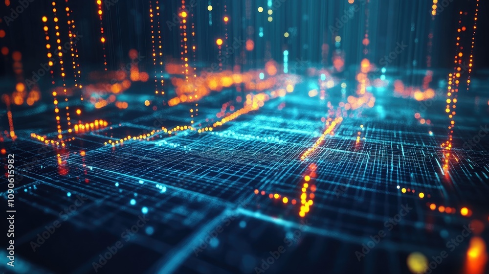 Poster abstract digital landscape with glowing particles and lines representing technology and data flow in