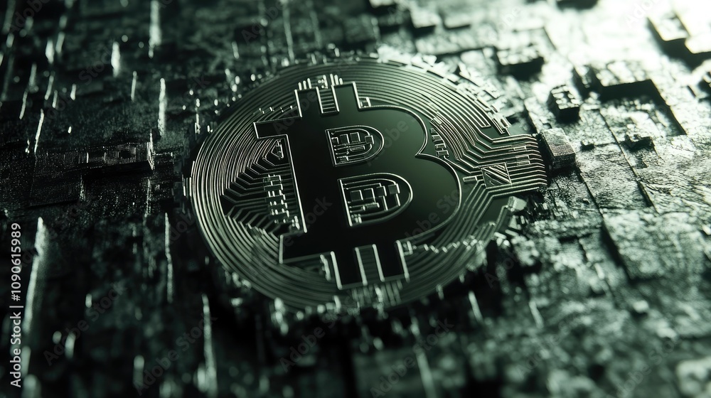 Poster futuristic digital background featuring bitcoin logo on a dark matrix-like surface with intricate ci