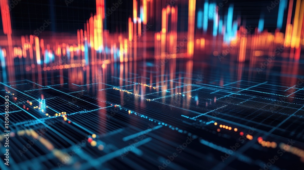 Poster abstract digital background with vibrant glowing lines and charts representing data analysis in a fu