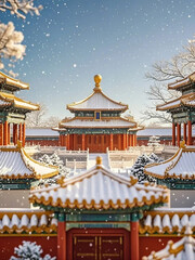 Obraz premium Forbidden City snow scene, twenty-four solar terms concept, Spring Festival concept, poster.