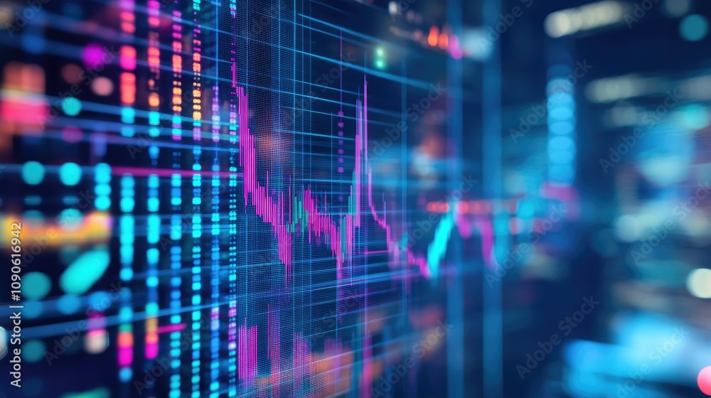 Poster abstract data visualization with colorful lines and patterns displaying financial graphs in a modern