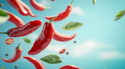 Obraz premium Burst of flavor, red peppers suspended in midair, showcasing freshness and culinary delights
