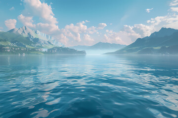 Fototapeta premium A serene landscape featuring calm waters reflecting majestic mountains under a blue sky with fluffy clouds.