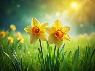 Obraz premium Vibrant Minimalist Photography of Yellow Daffodils Gracefully Resting on a Lush Green Field Under Soft Natural Light, Perfect for Nature and Floral Aesthetics
