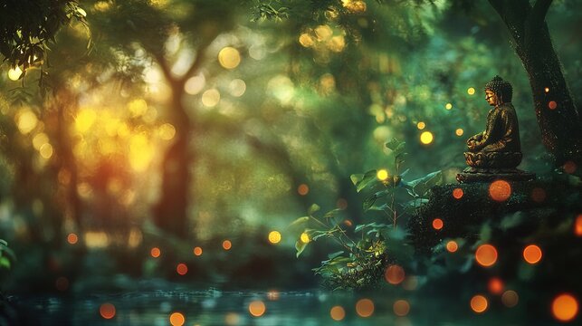 Bokeh foto dari kepala buddha, hutan, teratai, banyak warna