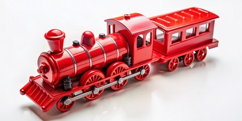 Naklejka premium Vibrant Red Toy Train on a Pure White Background Perfect for Creative Projects and Children's Themes, Captured with Drone Photography for Unique Perspectives and Visual Appeal