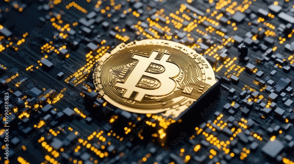 Poster golden bitcoin coin on circuit board with glowing lights and digital data background representing cr